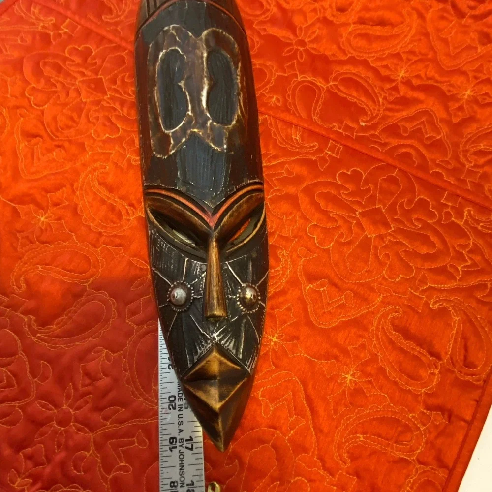 African‎ Tribal Style Wall Face Mask Hand Carved Wood Metal Clad Face Etching